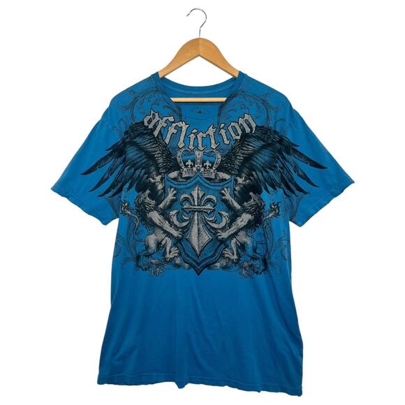 Affliction Shirt Mens 2XL Blue Graphic Wings Crest Fleur De Lis 2000s Y2K Retro - Picture 1 of 16